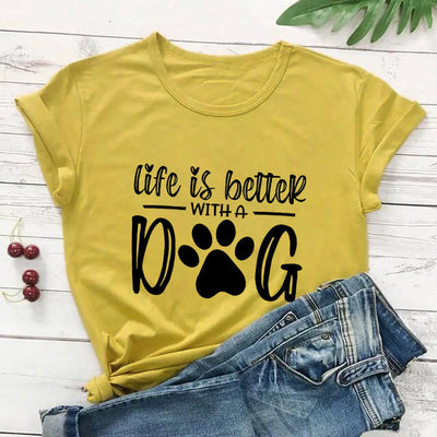 Life Is Better With A Dog" Shirt featuring a playful cartoon design.