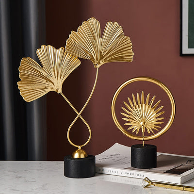 Nordic Gold Ginkgo Leaves Sculpture on wooden base