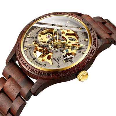 Classic Wooden Men's Mechanical Watch with Hollow Dial