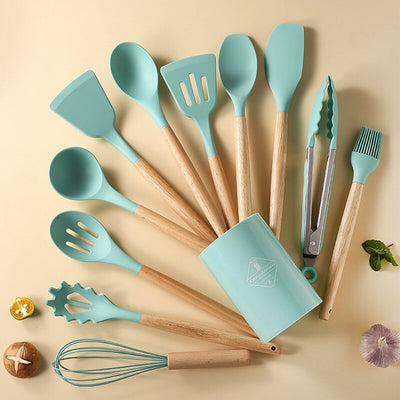 12-Piece Wooden Handle Silicone Kitchen Utensils Set