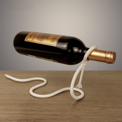 Suspended Rope Wine Bottle Holder showcasing a wine bottle.