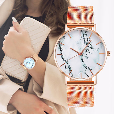 Fashion Rose Gold Mesh Band Marble Wrist Watch with marble dial.